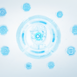 A digital illustration showing a central AI avatar processing various tasks like banking, design, healthcare slogans, and medical definitions.