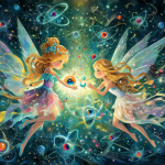 Ilustración de dos hadas flotando en un espacio cuántico brillante.