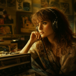 Mujer escuchando equipo de audio vintage bajo luz dorada en una escena nostálgica de los 90