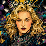 Retrato artístico de Madonna con elementos de música pop.