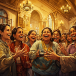 Grupo de mujeres reunidas en una iglesia compartiendo risas y conexión espiritual