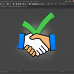 Vista del lienzo de Adobe Illustrator mostrando la construcción de un ícono que combina un apretón de manos y una marca de verificación.