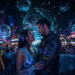 Pareja romántica en un entorno futurista rodeado de tecnología