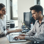 Dos personas trabajando en sus escritorios con diferentes tipos de computadoras.