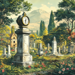 Ilustración de un cementerio chileno histórico con una lápida y un reloj mostrando las 48 horas transcurridas.