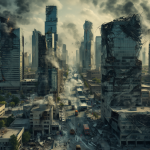 Vista de una ciudad en colapso económico con edificios dañados y humo.