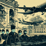 Ilustración de corrupción pública mostrando funcionarios en aviones con mascarillas y documentos volando fuera de edificios gubernamentales.
