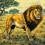Un león macho de pelaje dorado con una gran y densa melena oscura alrededor del cuello y la cabeza, mirando fijamente al espectador en un entorno de sabana soleada.