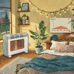Ilustración de un dormitorio con un calefactor eléctrico y una gráfica de costos energéticos.