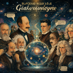 Ilustración de Galileo, Einstein, Jung, Planck, Tesla, Frankl y Newton junto a una esfera cósmica, mostrando su visión de Dios y comparándola con el cristianismo.