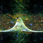 Composición abstracta mostrando redes neuronales fusionándose con conceptos de física cuántica en un fondo cósmico brillante.