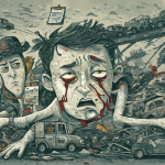 Ilustración de una persona cansada tras un día de trabajo intenso y conflictos domésticos.