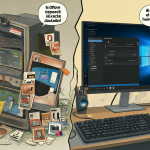 Imagen dividida mostrando un PC antiguo con software desactualizado y un sistema moderno de escritorio Linux, ilustrando la elección entre mantenerse en el legado o migrar.
