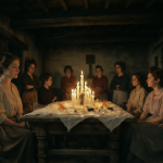 Mujeres reunidas alrededor de una mesa con velas encendidas en un ambiente rural antiguo.