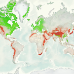 Mapa mundial destacando regiones estables como el Escudo Canadiense frente a zonas sísmicas activas