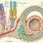 Diagrama anatómico de la cóclea humana mostrando células ciliadas y zonas de frecuencia.