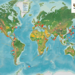 Un mapa mundial detallado resaltando países latinoamericanos como Chile, México y Colombia con marcadores de campañas activas.