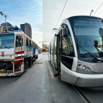 Split composition with a bus and a tram in a city setting.