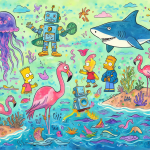 Ilustración colorida con animales como flamencos y medusas mezclados con elementos de cultura pop como un robot y una isla remota, sobre un fondo vibrante.