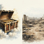 Ilustración mostrando el contraste entre el cofre legendario y un sitio arqueológico vacío