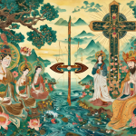 Imagen comparativa de budismo y cristianismo con símbolos religiosos y meditación