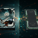 Ilustración futurista mostrando un HDD de 60 TB y un SSD de 100 TB conectados a flujos de datos.