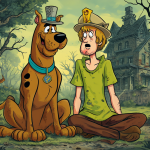 Imagen del perro Scooby-Doo y su amigo Shaggy en un entorno al aire libre frente a una mansión abandonada.