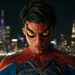 Retrato de Peter Parker con su traje clásico sobre un fondo urbano nocturno