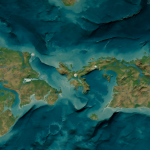 Mapa geográfico detallado de dos océanos separados por una masa terrestre emergida en el istmo de Panamá.