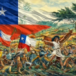 Ilustración artística con la bandera de Chile y paisajes históricos y modernos