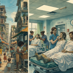Split illustration showing historical Cuban urban life versus modern struggles, alongside clinical settings for eating disorders and health system limitations.