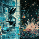 Imagen dividida mostrando laboratorio a la izquierda y magia a la derecha