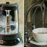 Fotografía dividida mostrando un hervidor eléctrico con agua hirviendo a la izquierda, y un dispensador de agua de oficina vertiendo un chorro fino hacia una taza a la derecha.
