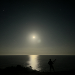 Vista nocturna del mar con una luna brillante y una silueta de músico tocando la guitarra en la orilla.