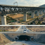 Diagrama comparativo que muestra la diferencia de escala entre un viaducto elevado para trenes y un túnel subterráneo para el tráfico vial, resaltando los materiales de construcción en ambos proyectos.