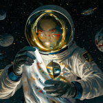 Personaje en espacio sosteniendo una toalla