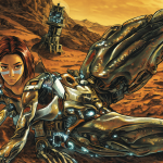 Alita en un entorno futurista con tecnología avanzada.