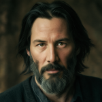 Retrato detallado del actor Keanu Reeves mostrando su magnetismo y atractivo maduro.