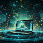 Escritorio futurista con laptop rodeado de código brillante y hologramas de herramientas de IA.