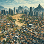 Ilustración de desarrollo urbano chileno con viviendas y paisaje