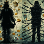 A split composition illustrating collective versus individual moral guilt in political psychology, with symbols of privilege on one side and strict religious or behavioral codes on the other.