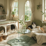 A serene veterinary waiting room designed exclusively for cats with soft lighting and separate zones.
