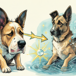 Ilustración mostrando un perro original y su clon conectado mediante una flecha brillante que representa la transferencia genética.