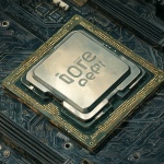 Detailed close-up illustration of a modern computer CPU, specifically an Intel Core i5-12600K, resting on a sleek motherboard.
