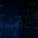 Diagrama visual que contrasta la posición aparente del cielo con un mapa estelar dinámico basado en datos de Gaia.