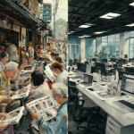 Imagen dividida mostrando la vida impresa en Japón frente al entorno digital occidental.
