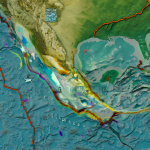 Geological map showing tectonic plates near Mexico City with seismic markers
