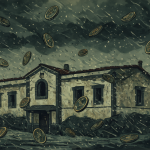 Edificio municipal en un entorno gris con lluvia de monedas cayendo.