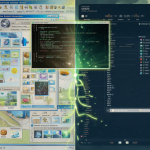 Ilustración dividida mostrando el Panel de Control antiguo a la izquierda y la app de Configuración moderna a la derecha, con una ventana de PowerShell en el medio.