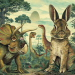 Un conejo moderno rodeado de dinosaurios en un paisaje prehistórico, representando la metáfora científica de los conejos en el cretácico.